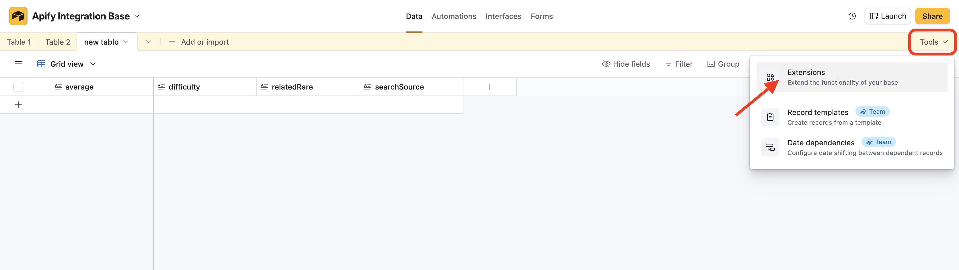 Access the extensions tab on Airtable UI by pressing tools button