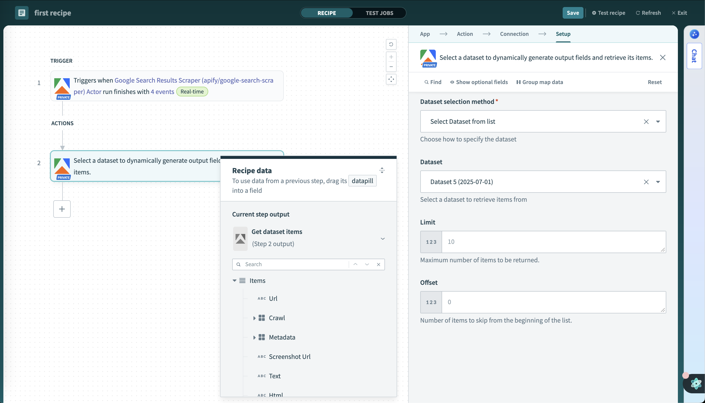 Screenshot of the Get Dataset Items action configuration interface in Workato